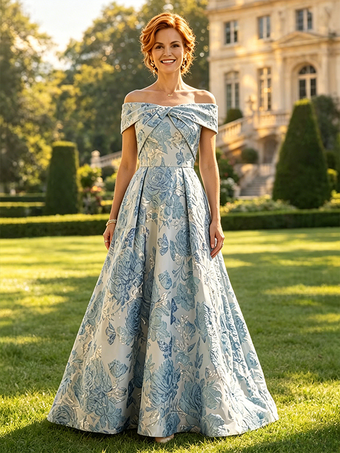 Bleu Ciel ClairRobe longue fleurie pour la mère manches courtes coupe trapèze robe d'invitée