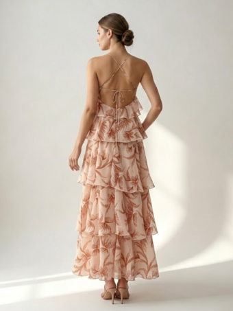 Robes de vacances maxi dos nu à volants sans manches col V chics orange et rouge