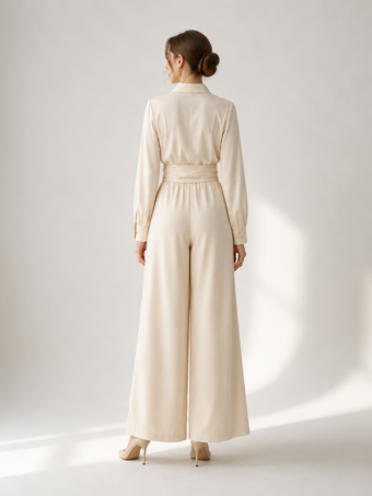 Ensemble 2 pièces en lin et coton pour femme - Chemise élégante à manches longues et ceinture et pantalon large - Style été 2026