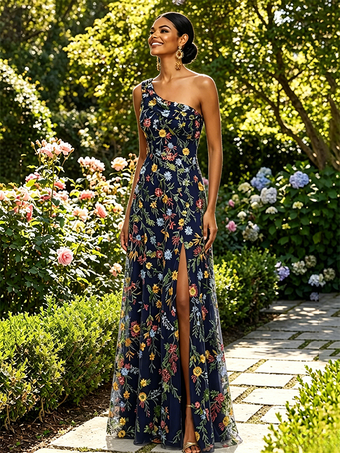 ダークネイビー花柄刺繍入りチュールマキシドレス、ワンショルダー、ドレープネック、ハイスリット、結婚式ゲスト用フォーマルガウン