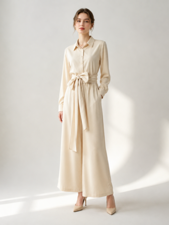 abricot Ensemble 2 pièces en lin et coton pour femme - Chemise élégante à manches longues et ceinture et pantalon large - Style été 2026