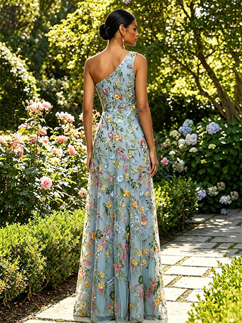 花柄刺繍入りチュールマキシドレス、ワンショルダー、ドレープネック、ハイスリット、結婚式ゲスト用フォーマルガウン