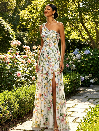 ホワイト花柄刺繍入りチュールマキシドレス、ワンショルダー、ドレープネック、ハイスリット、結婚式ゲスト用フォーマルガウン