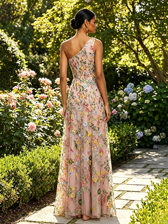 花柄刺繍入りチュールマキシドレス、ワンショルダー、ドレープネック、ハイスリット、結婚式ゲスト用フォーマルガウン