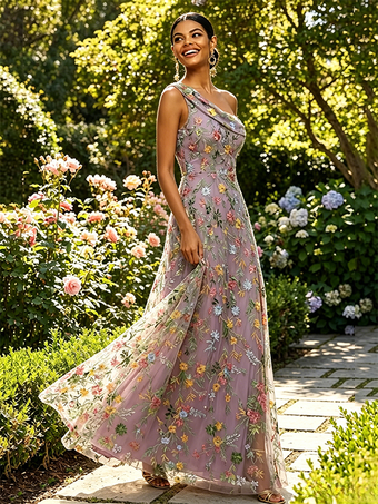 花柄刺繍入りチュールマキシドレス、ワンショルダー、ドレープネック、ハイスリット、結婚式ゲスト用フォーマルガウン