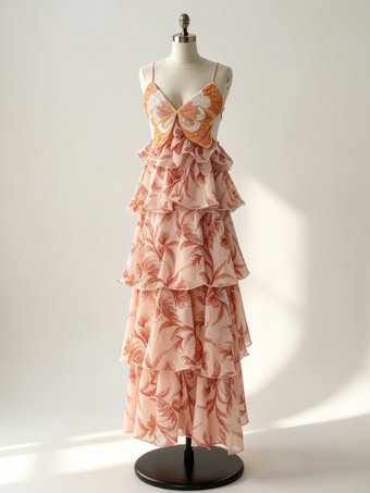 Robes de vacances maxi dos nu à volants sans manches col V chics orange et rouge