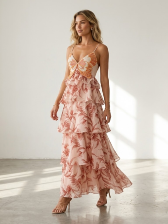 Robes de vacances maxi dos nu à volants sans manches col V chics orange et rouge