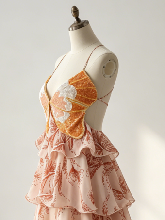 Robes de vacances maxi dos nu à volants sans manches col V chics orange et rouge