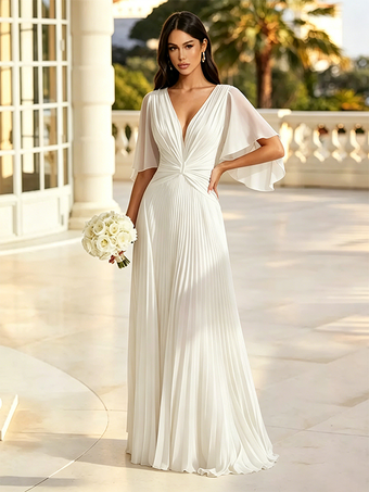 ホワイトセージグリーンのブライズメイドドレス、プリーツシフォンブライズメイドドレス、Vネック、フリル袖、ツイストフロント、ローバック、フロア丈、結婚式ゲスト用ガウン