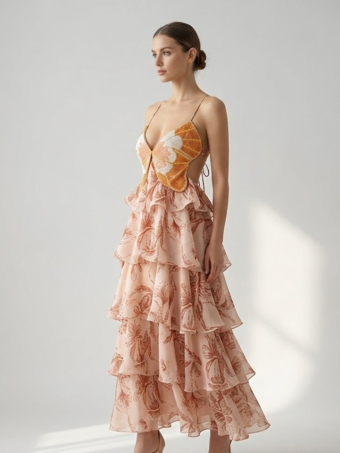 Robes de vacances maxi dos nu à volants sans manches col V chics orange et rouge
