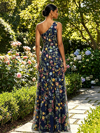 花柄刺繍入りチュールマキシドレス、ワンショルダー、ドレープネック、ハイスリット、結婚式ゲスト用フォーマルガウン