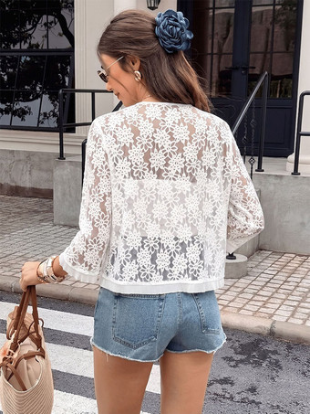 Gilet en dentelle florale à col en V manches 3/4 et devant ouvert
