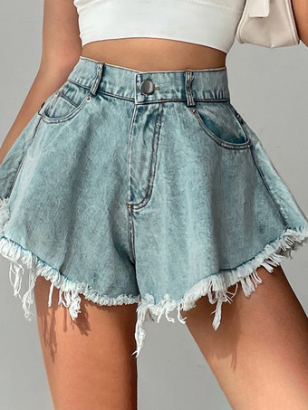 ライトスカイブルーハイウエスト、切りっぱなしの裾、ワイドレッグ、デニムショートパンツ、ゆったりとしたAライン、カットオフショートパンツ