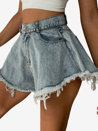 ハイウエスト、切りっぱなしの裾、ワイドレッグ、デニムショートパンツ、ゆったりとしたAライン、カットオフショートパンツ