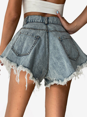 ハイウエスト、切りっぱなしの裾、ワイドレッグ、デニムショートパンツ、ゆったりとしたAライン、カットオフショートパンツ