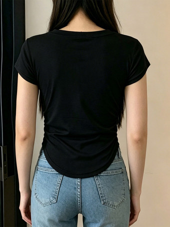 Vネック、サイドギャザー、スリムフィット、半袖Tシャツ、カーブヘム、クロップド丈、ベーシックトップス