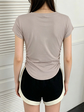 Vネック、サイドギャザー、スリムフィット、半袖Tシャツ、カーブヘム、クロップド丈、ベーシックトップス