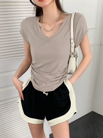 Vネック、サイドギャザー、スリムフィット、半袖Tシャツ、カーブヘム、クロップド丈、ベーシックトップス