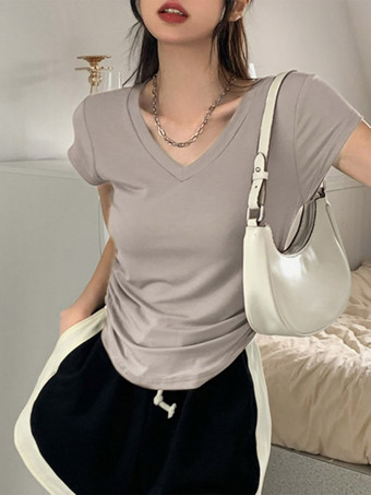 Vネック、サイドギャザー、スリムフィット、半袖Tシャツ、カーブヘム、クロップド丈、ベーシックトップス