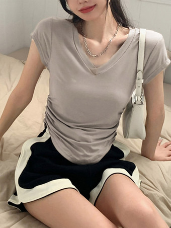 Vネック、サイドギャザー、スリムフィット、半袖Tシャツ、カーブヘム、クロップド丈、ベーシックトップス
