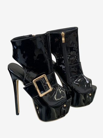 Bottines noires sexy à plateforme bout ouvert et boucle talons hauts