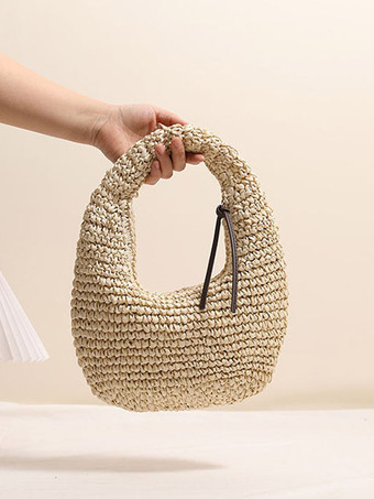 アイボリー ミニクレセント ラフィア ストロー アンダーアームバッグ 中空織り ホーボーハンドバッグ 夏のビーチバケーション ショルダーバッグ