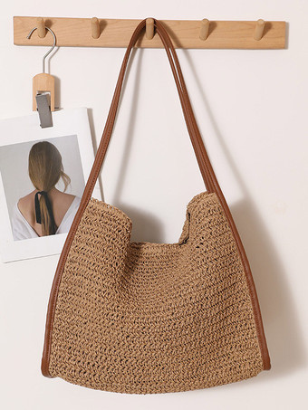 ブラウン 大容量ストロー素材トートバッグ、マグネット式スナップ付き、夏用ビーチバッグ、編み込みショルダーバッグ、カジュアルなバケーションハンドバッグ