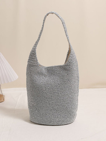 グリッター糸ニットバケットショルダーバッグ、マグネットスナップ付き、中空織りホーボートート、夏のビーチバケーション用ハンドバッグ
