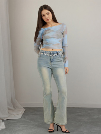 オフショルダー タイダイ メッシュ 長袖 クロップトップ シースルー スリムフィット クラブTシャツ