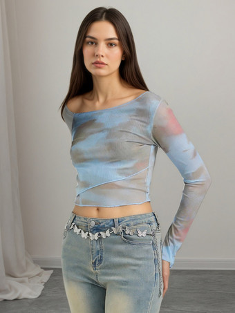 オフショルダー タイダイ メッシュ 長袖 クロップトップ シースルー スリムフィット クラブTシャツ