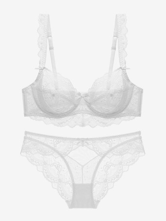透け感のある花柄レースのワイヤー入りブラジャー＆ソングランジェリーセット