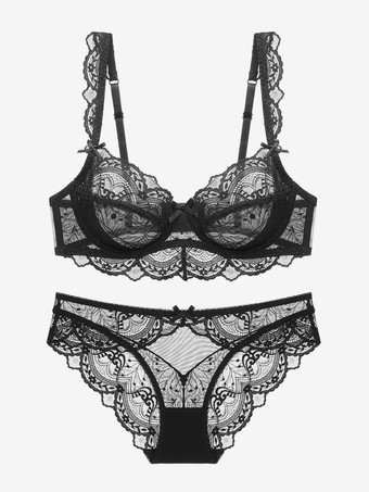 透け感のある花柄レースのワイヤー入りブラジャー＆ソングランジェリーセット