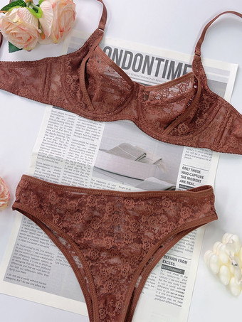 MarronEnsemble de lingerie : soutien-gorge à armatures en dentelle florale et culotte taille haute