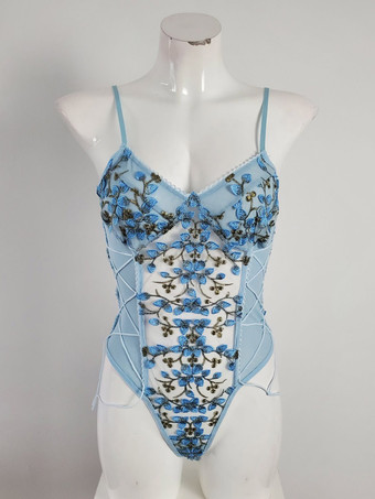 bleu ciel clairBody en maille brodée de fleurs à armatures et cordon de serrage latéral
