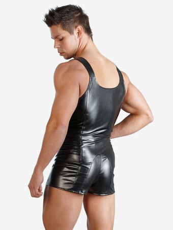 Body short à bretelles en similicuir pour homme fermeture éclair sur le devant style teddy