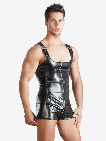 Body short à bretelles en similicuir pour homme fermeture éclair sur le devant style teddy