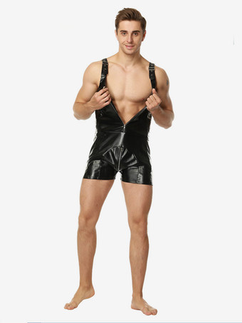 Body short à bretelles en similicuir pour homme fermeture éclair sur le devant style teddy