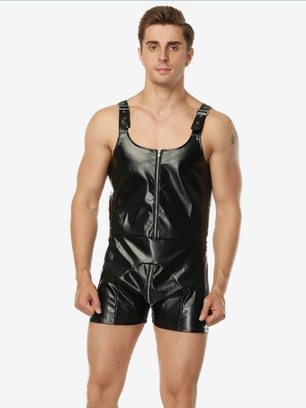 noir Body short à bretelles en similicuir pour homme fermeture éclair sur le devant style teddy
