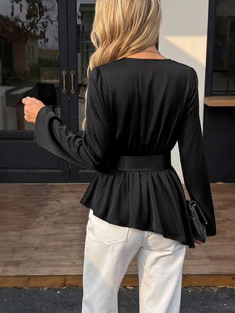 Chemisier péplum en satin à col V et manches bouffantes manches longues