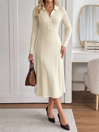 Date Night Dresses Lapel Collar Ribbed Knit Midi Dress Button Front Long Sleeve Shirt Dress