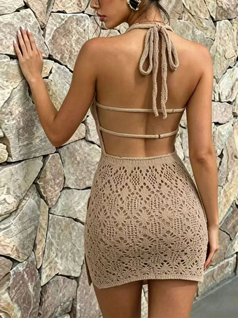 Robes de vacances mini-robes robes sexy kaki à lacets et sans manches avec col rond robe