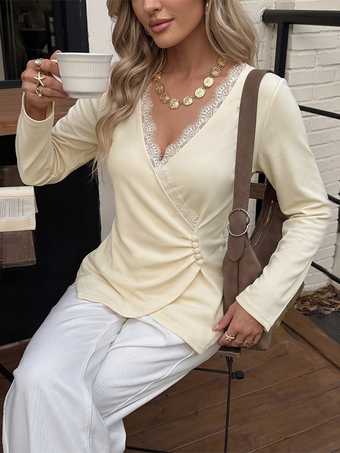 BeigeT-shirt à manches longues écru blanc col V pour femme