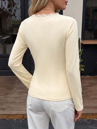 T-shirt à manches longues écru blanc col V pour femme