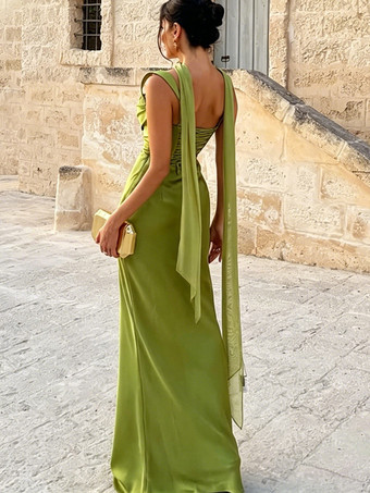 パーティードレス スクエアネック チョーカー サッシュ ギャザー サテン マーメイド マキシ イブニングドレス