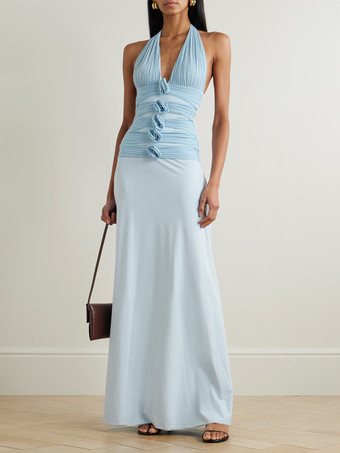 bleu ciel clairRobe de soirée maxi en satin dos nu décolleté plongeant en V et buste froncé