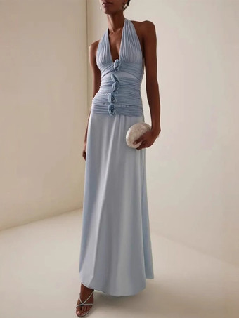 Robe de soirée maxi en satin dos nu décolleté plongeant en V et buste froncé