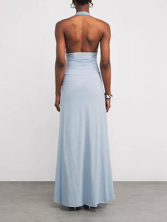 Robe de soirée maxi en satin dos nu décolleté plongeant en V et buste froncé