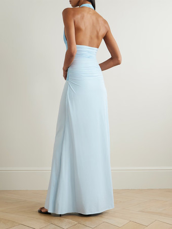 Robe de soirée maxi en satin dos nu décolleté plongeant en V et buste froncé