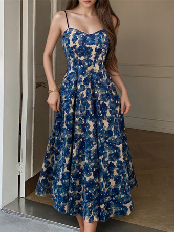 bleu Robe midi évasée à bretelles spaghetti et imprimé floral idéale pour une soirée en amoureux