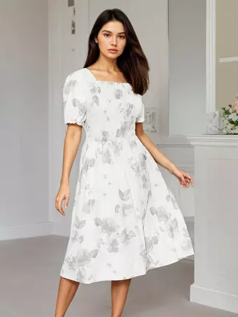 flowy midi dress formal Daily Dresses Square Neck Puff Sleeve Floral Smocked global-end_use-Core Acc
